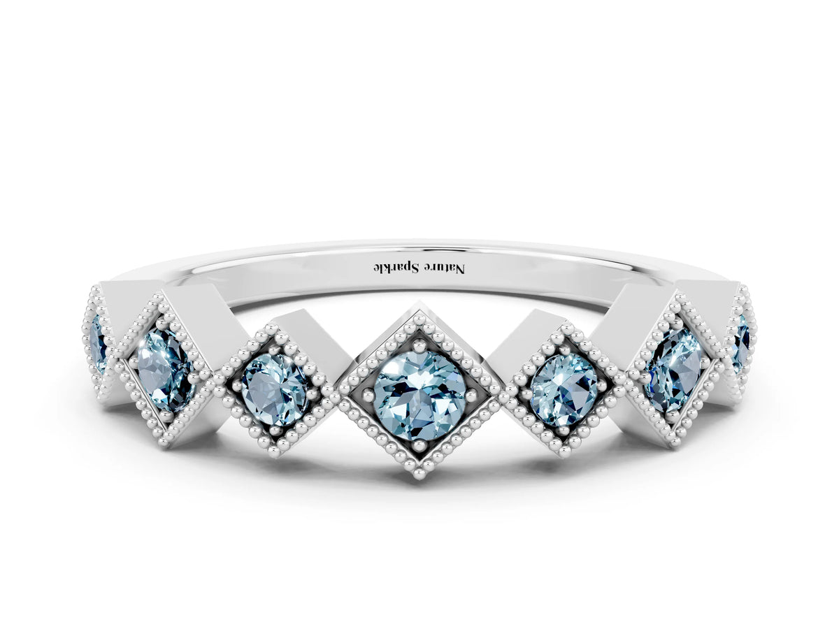 Round Aquamarine Square Bezel Chevron Band in Silver with Milgrain Detailing