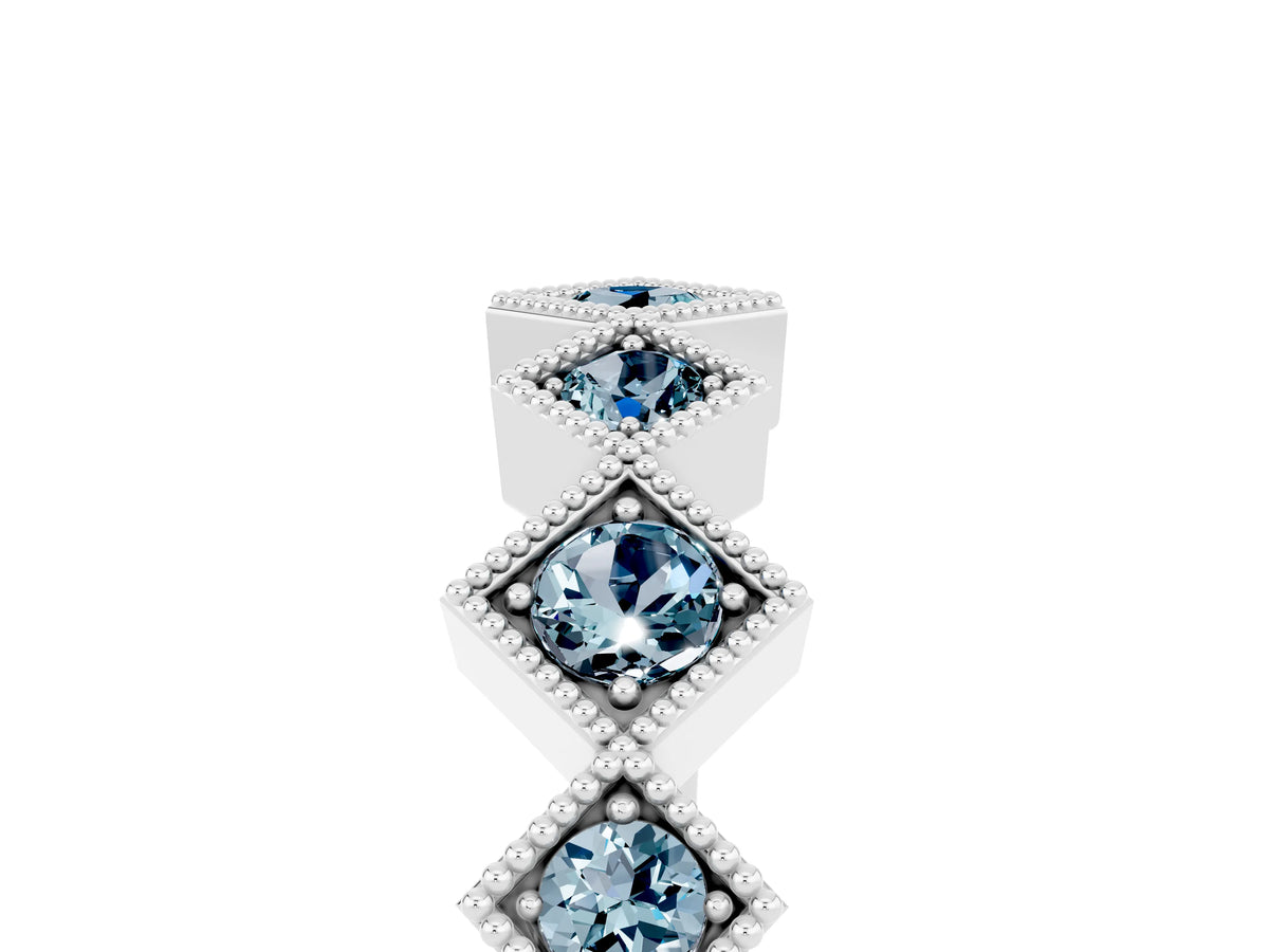Round Aquamarine Square Bezel Chevron Band in Silver with Milgrain Detailing_5
