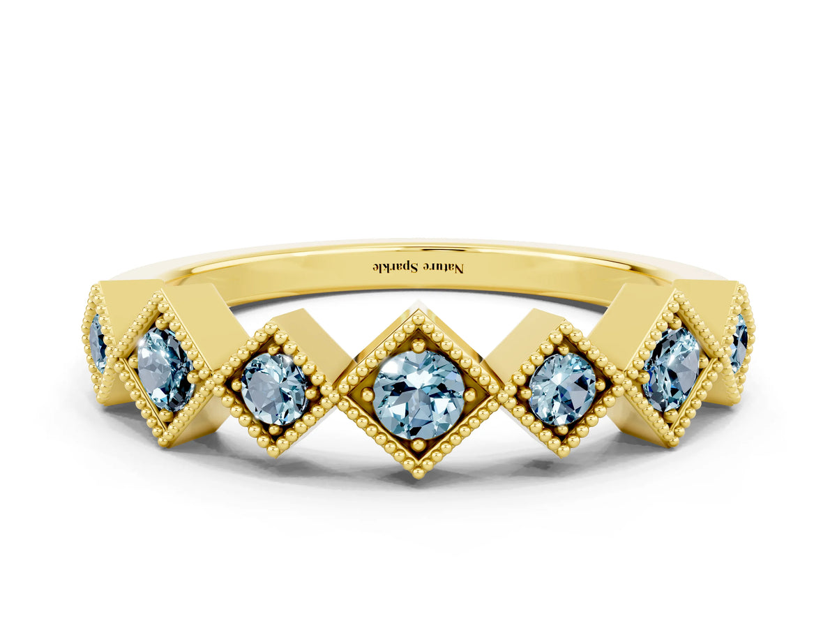 Round Aquamarine Square Bezel Chevron Band in Yellow gold with Milgrain Detailing