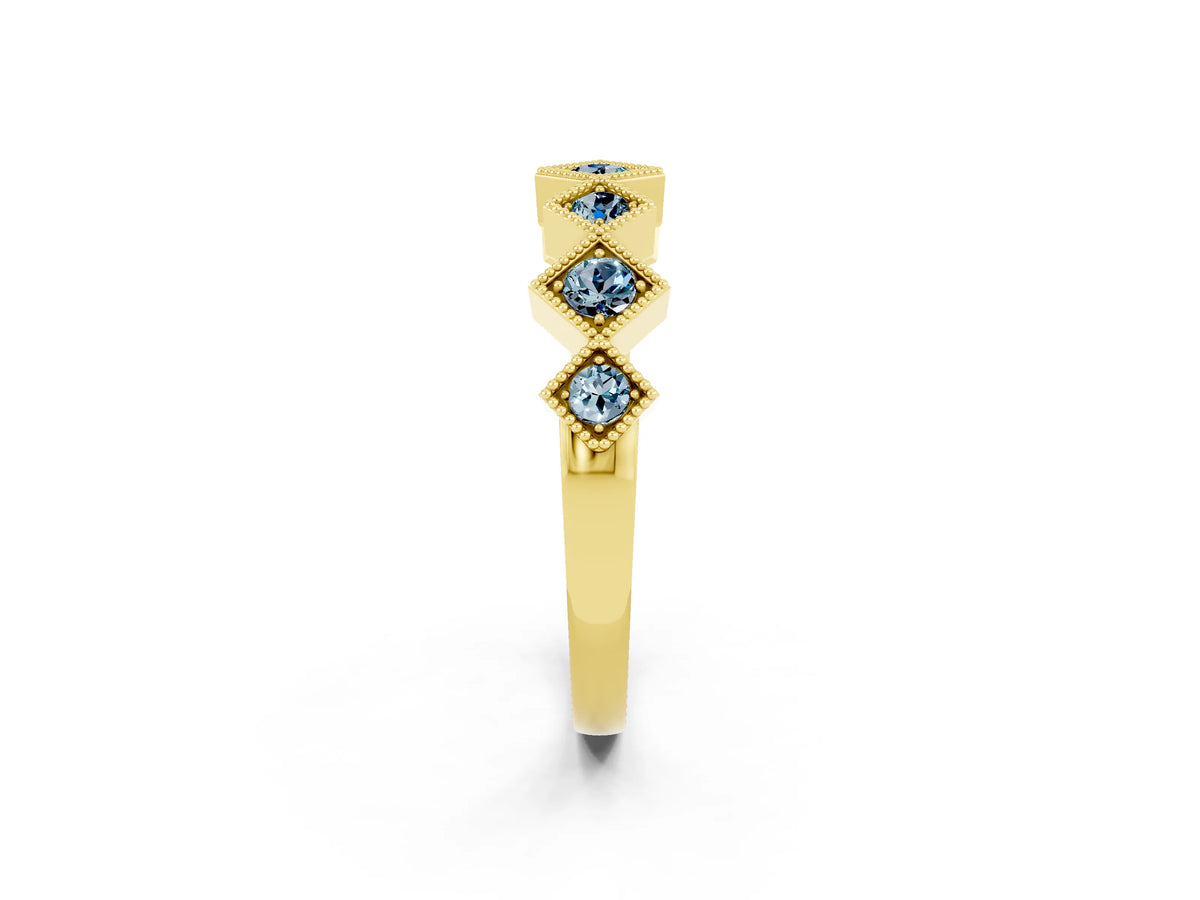 Round Aquamarine Square Bezel Chevron Band in Yellow gold with Milgrain Detailing_2