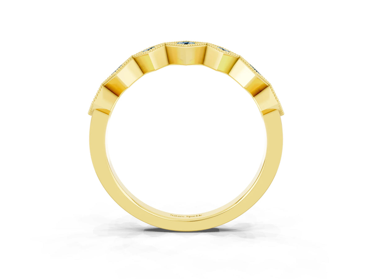 Round Aquamarine Square Bezel Chevron Band in Yellow gold with Milgrain Detailing_3