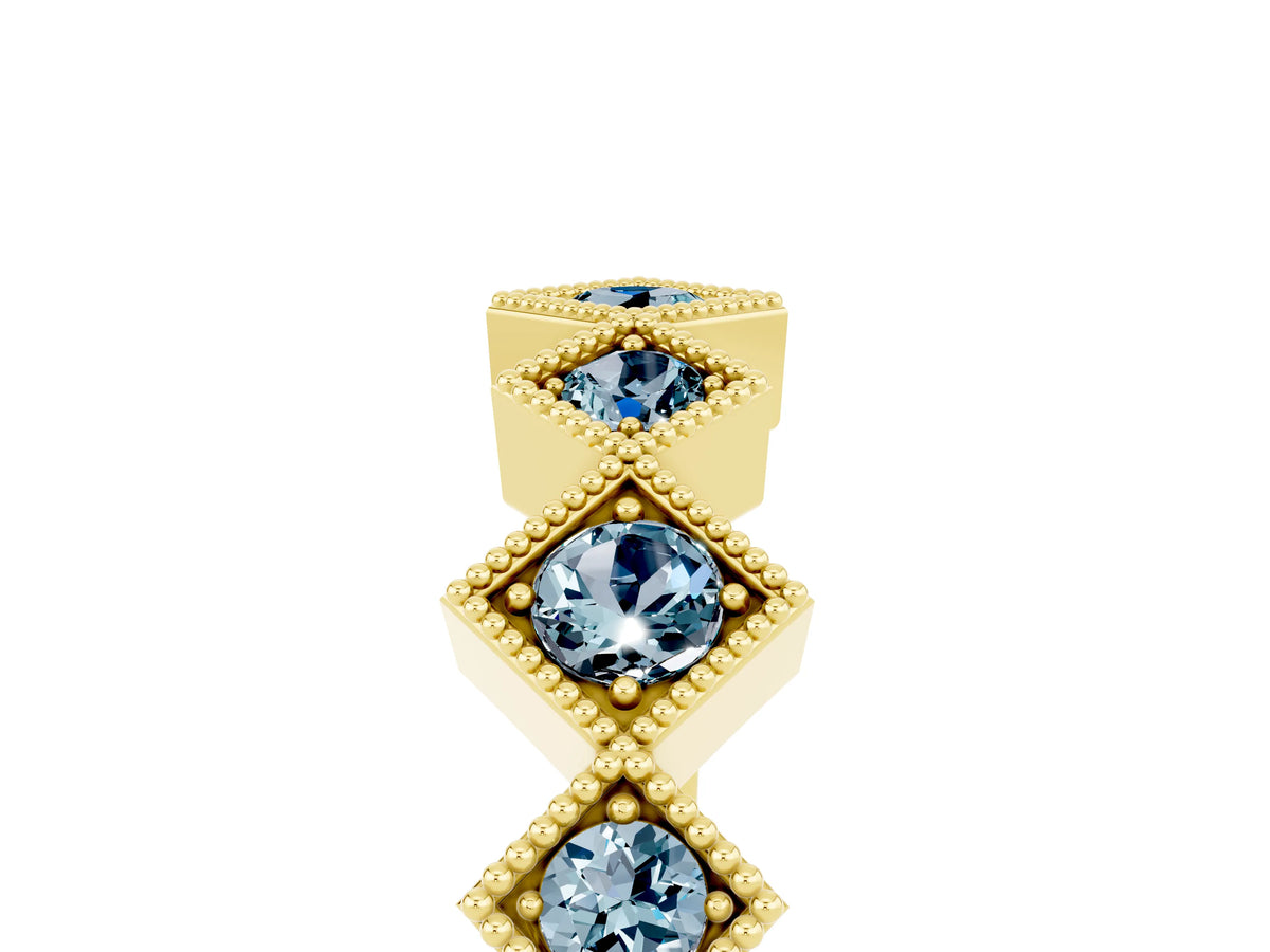 Round Aquamarine Square Bezel Chevron Band in Yellow gold with Milgrain Detailing_5