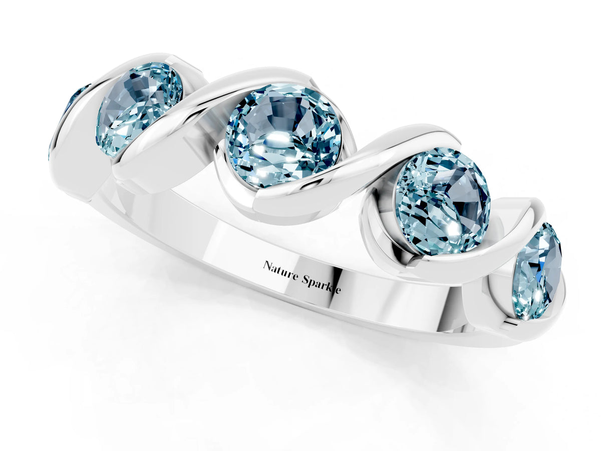 Round Aquamarine Wave Band in White gold with Channel Setting and Shared Prongs_1