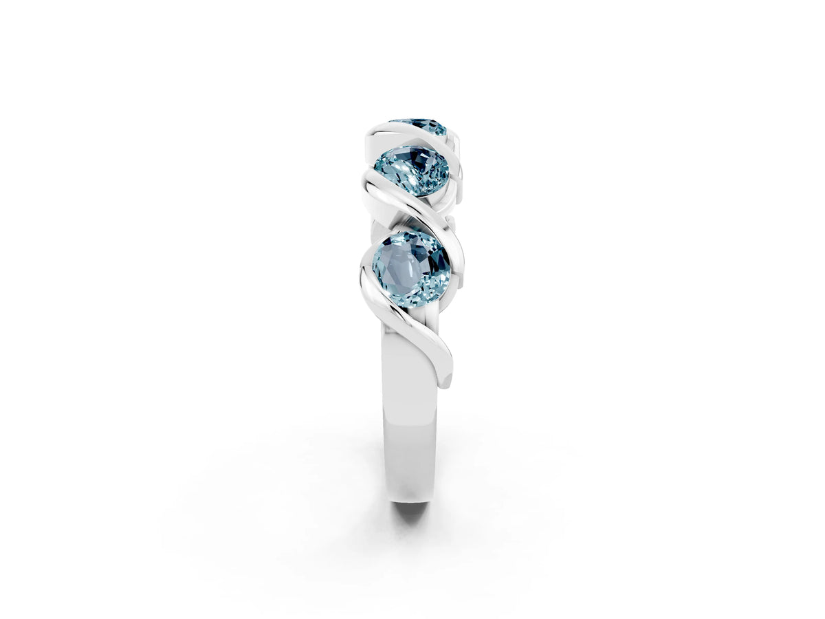 Round Aquamarine Wave Band in White gold with Channel Setting and Shared Prongs_2