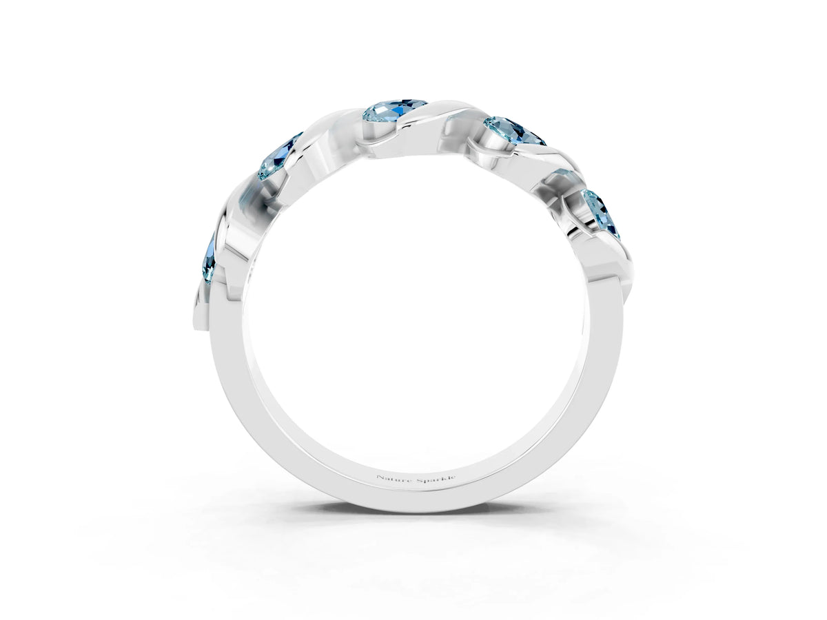 Round Aquamarine Wave Band in White gold with Channel Setting and Shared Prongs_3