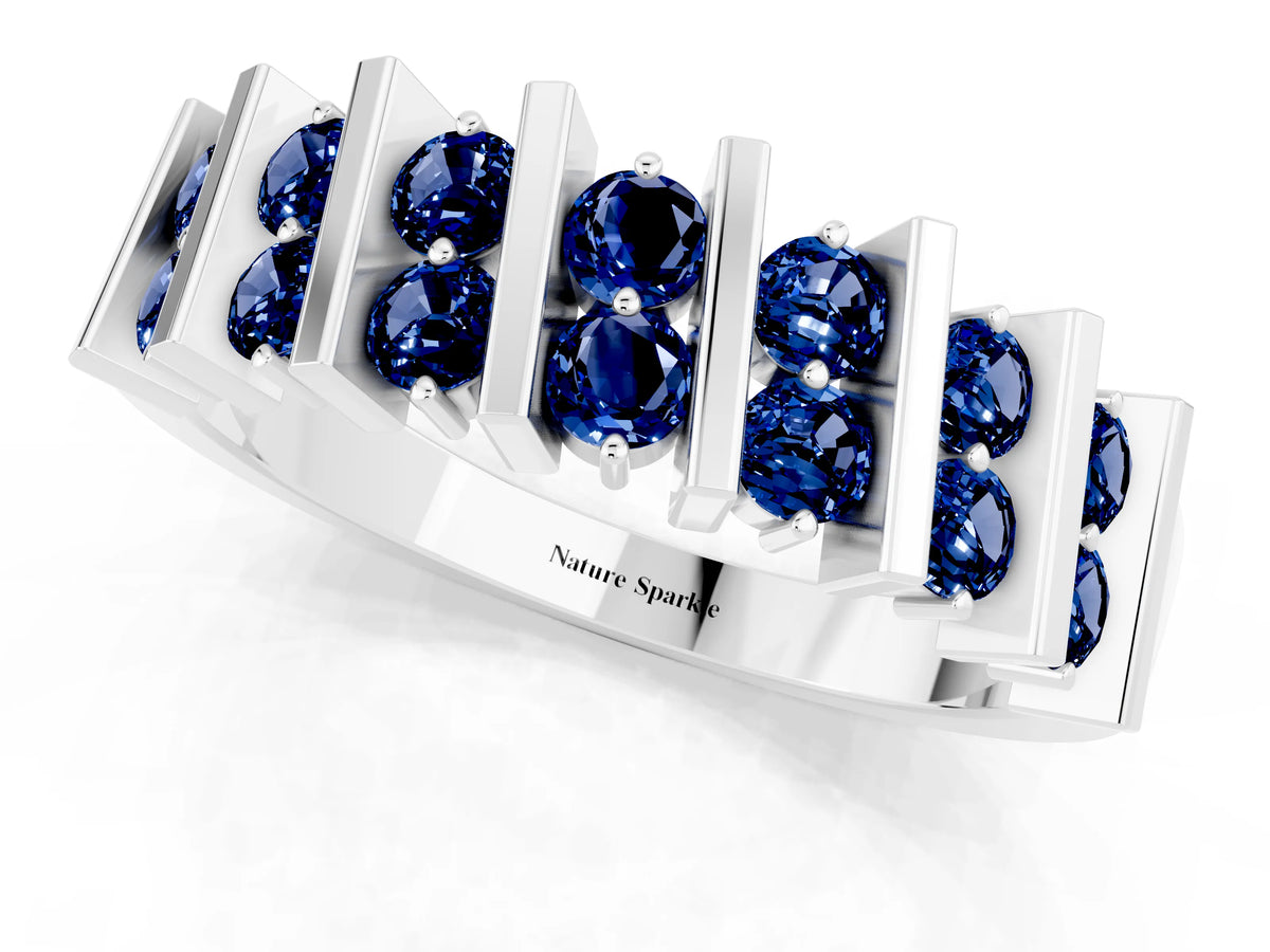 Round Blue Sapphire Anniversary Band in White gold with Channel Setting and Vertical Prongs_1