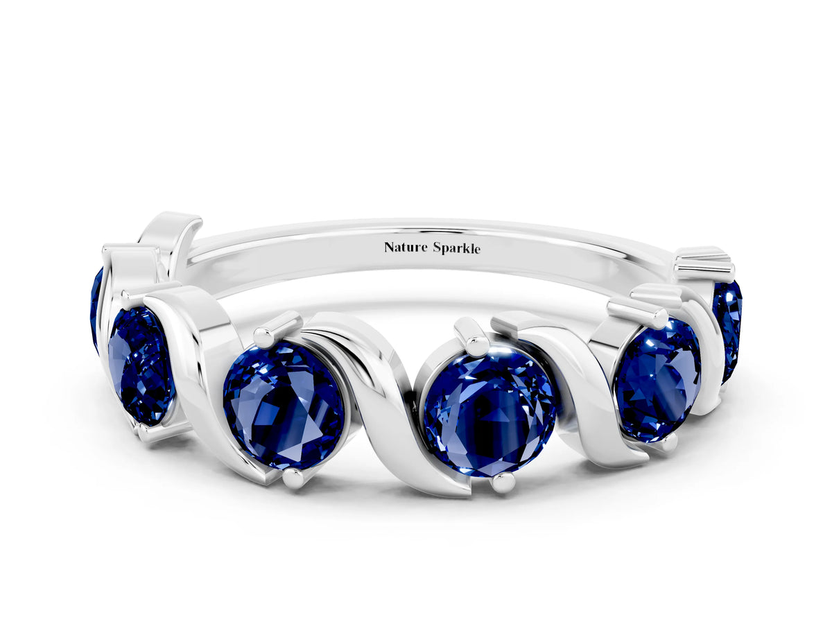Round Blue Sapphire Half Eternity Band in Platinum with Wave Prong Setting