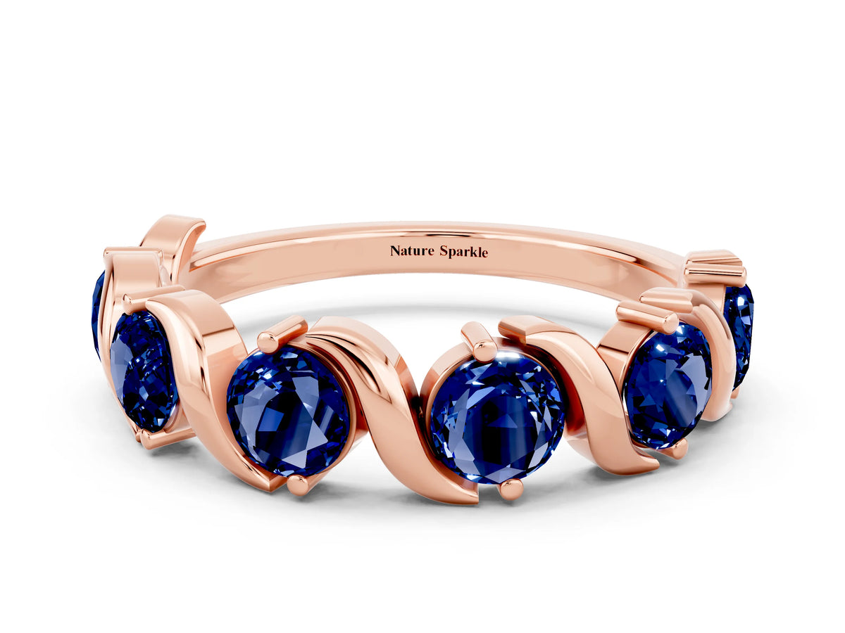 Round Blue Sapphire Half Eternity Band in Rose gold with Wave Prong Setting