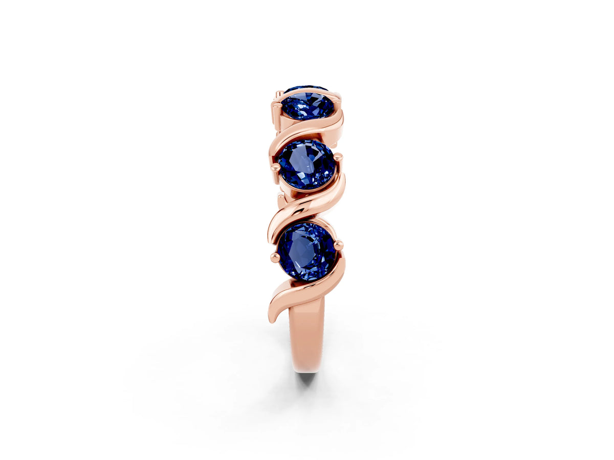 Round Blue Sapphire Half Eternity Band in Rose gold with Wave Prong Setting_2