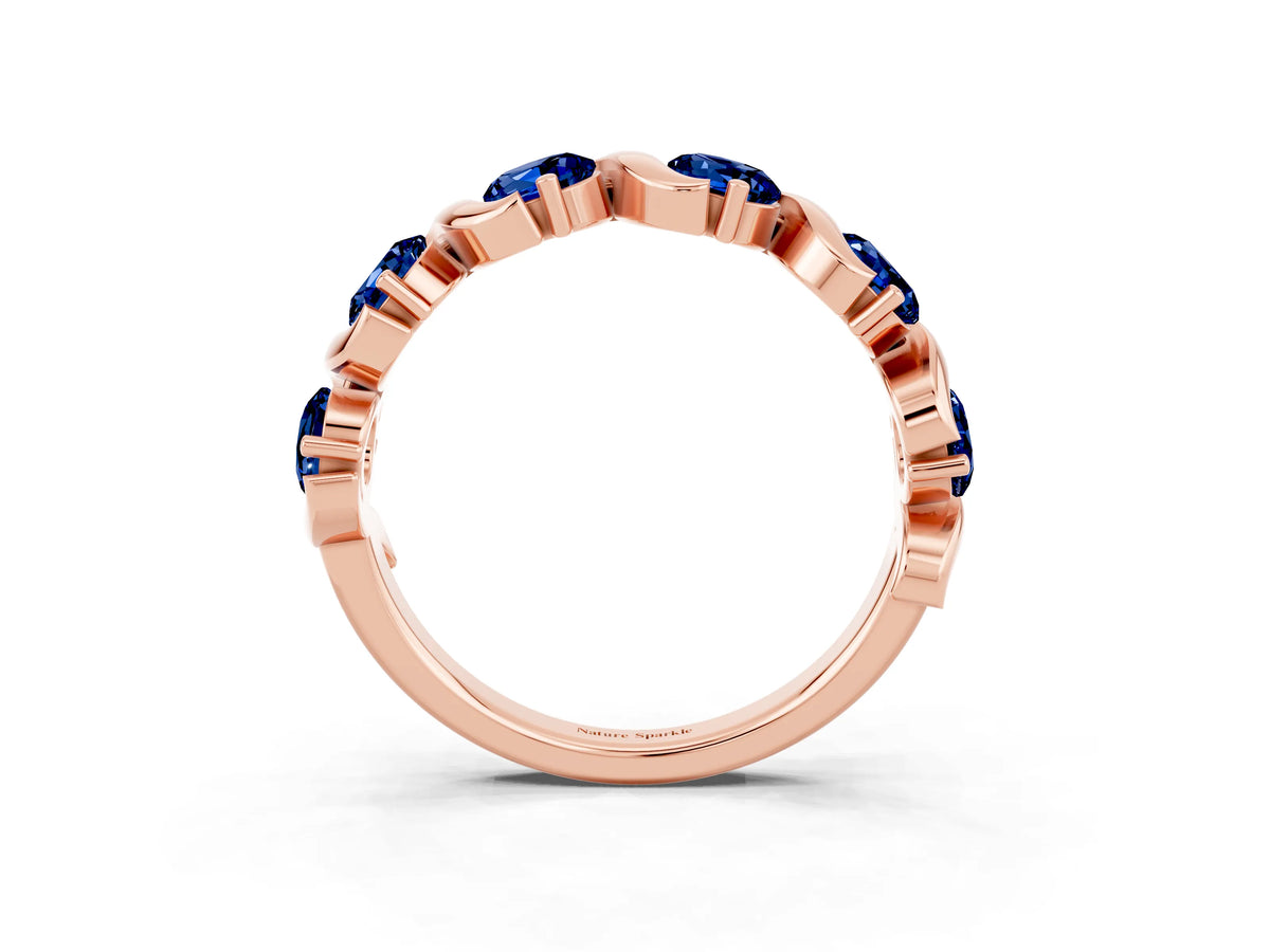 Round Blue Sapphire Half Eternity Band in Rose gold with Wave Prong Setting_3