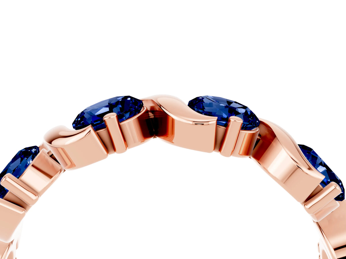 Round Blue Sapphire Half Eternity Band in Rose gold with Wave Prong Setting_4