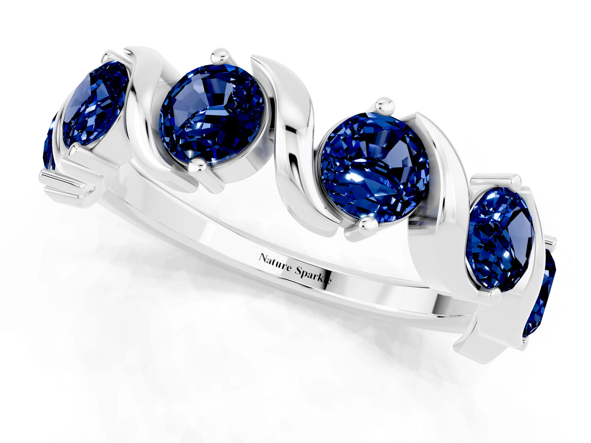 Round Blue Sapphire Half Eternity Band in Silver with Wave Prong Setting_1