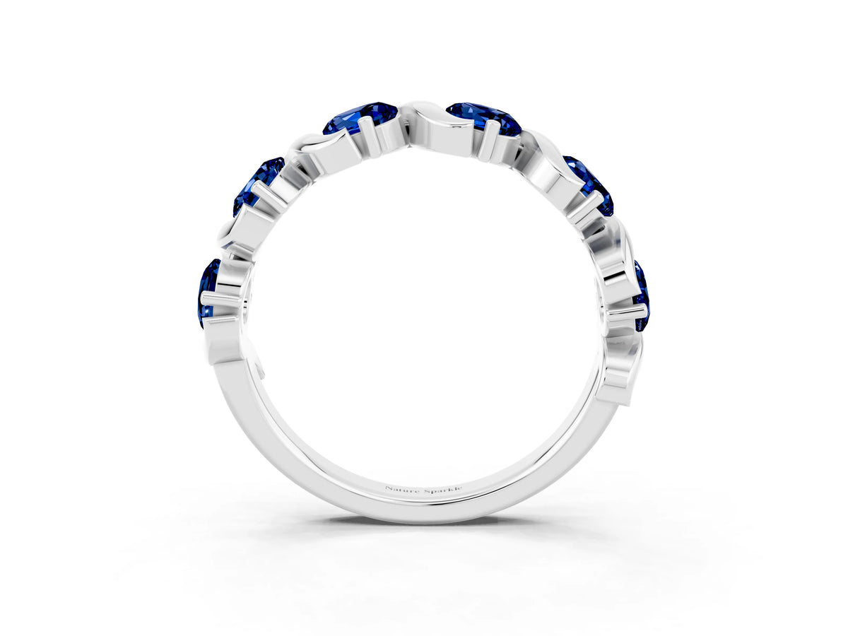 Round Blue Sapphire Half Eternity Band in White gold with Wave Prong Setting_3