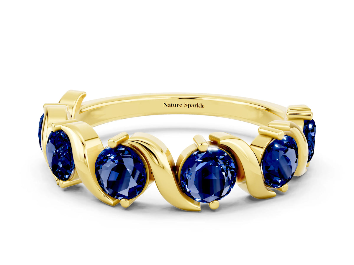 Round Blue Sapphire Half Eternity Band in Yellow gold with Wave Prong Setting