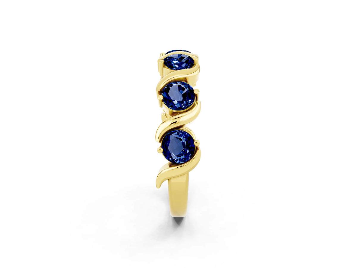 Round Blue Sapphire Half Eternity Band in Yellow gold with Wave Prong Setting_2