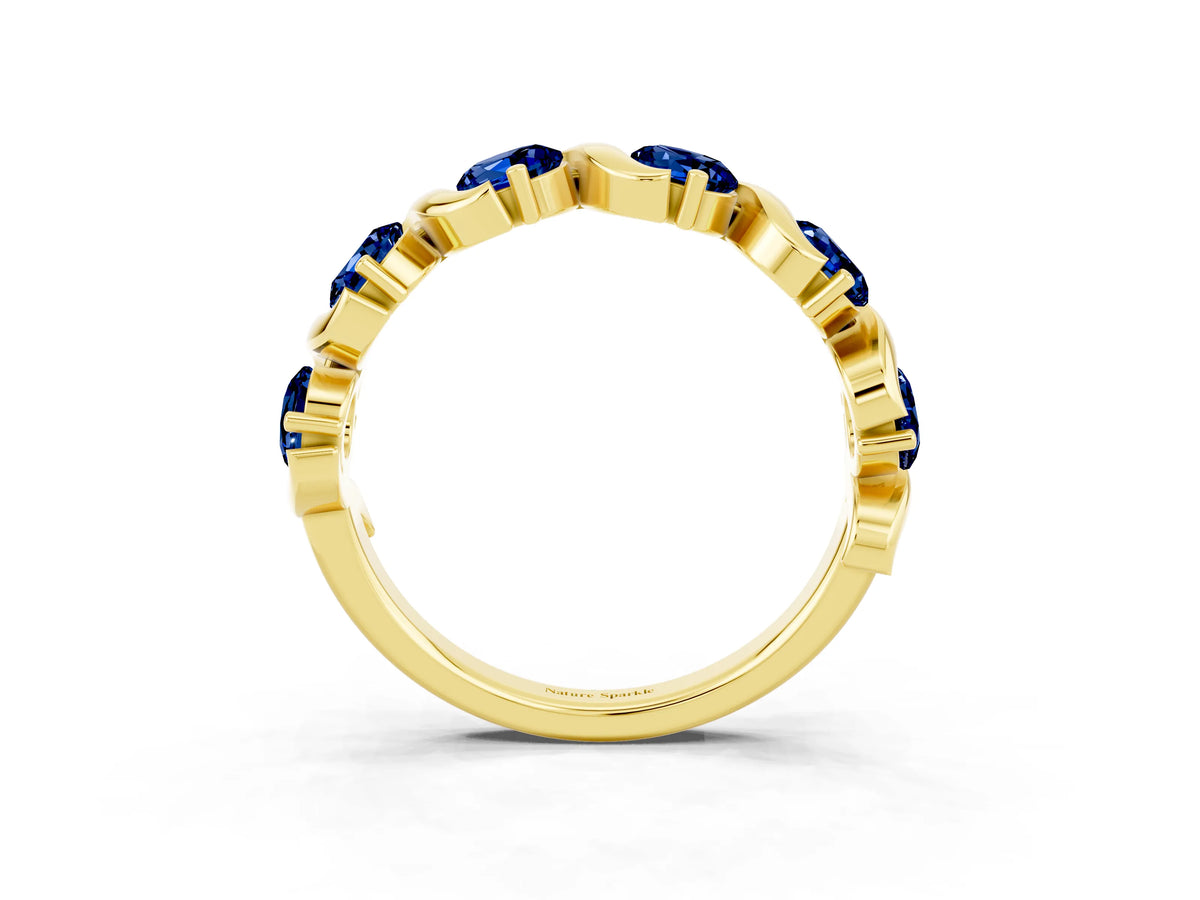 Round Blue Sapphire Half Eternity Band in Yellow gold with Wave Prong Setting_3