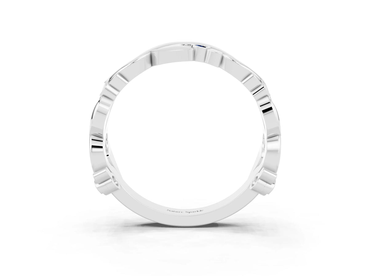 Round Blue Sapphire Leaf Motif Eternity Band in Platinum with Bezel Setting_3