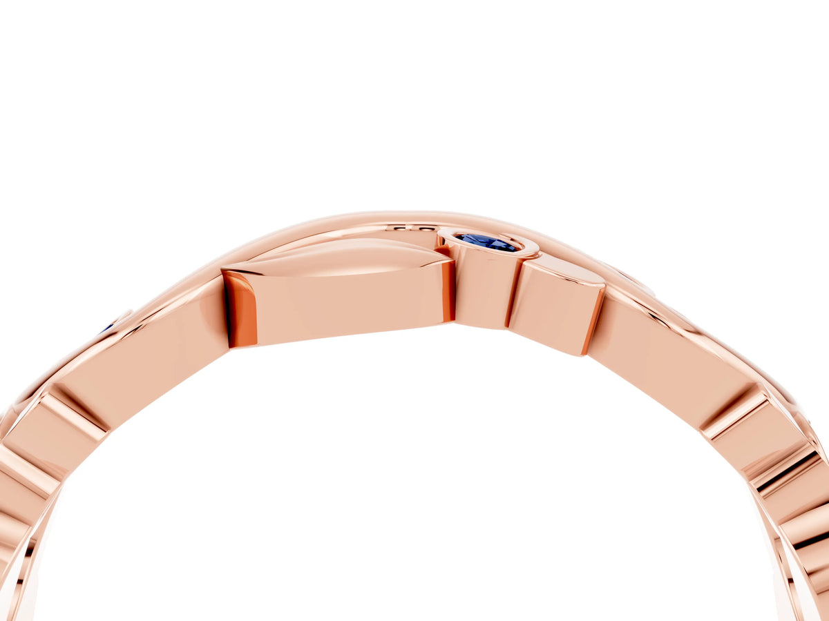 Round Blue Sapphire Leaf Motif Eternity Band in Rose gold with Bezel Setting_4