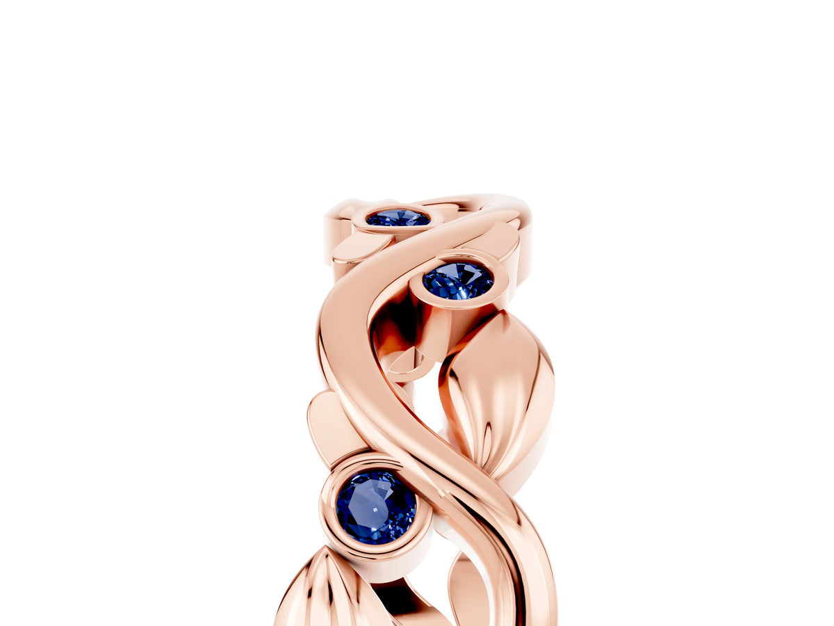 Round Blue Sapphire Leaf Motif Eternity Band in Rose gold with Bezel Setting_5