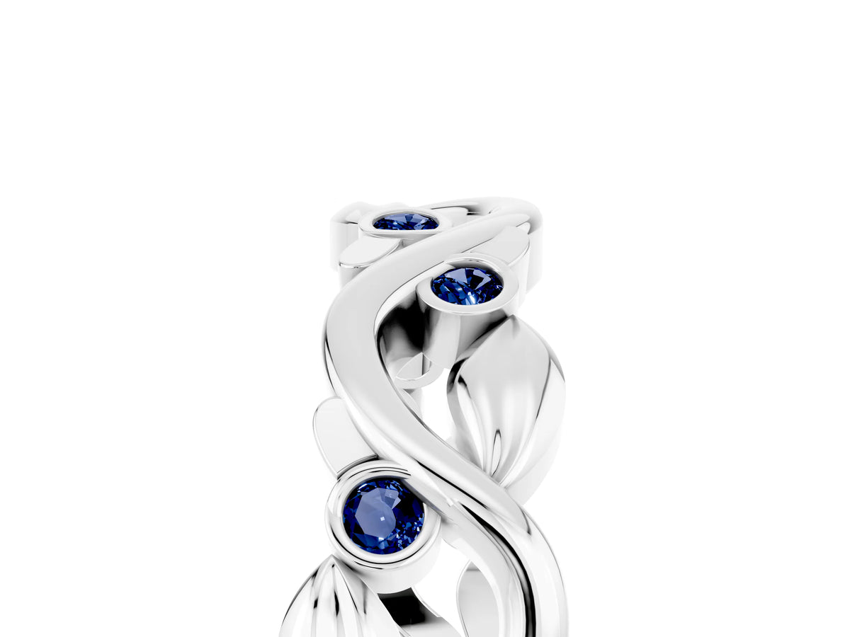 Round Blue Sapphire Leaf Motif Eternity Band in Silver with Bezel Setting_5