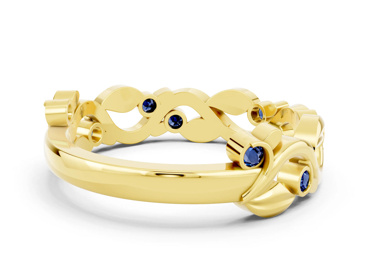 Round Blue Sapphire Leaf Motif Eternity Band in Yellow gold with Bezel Setting