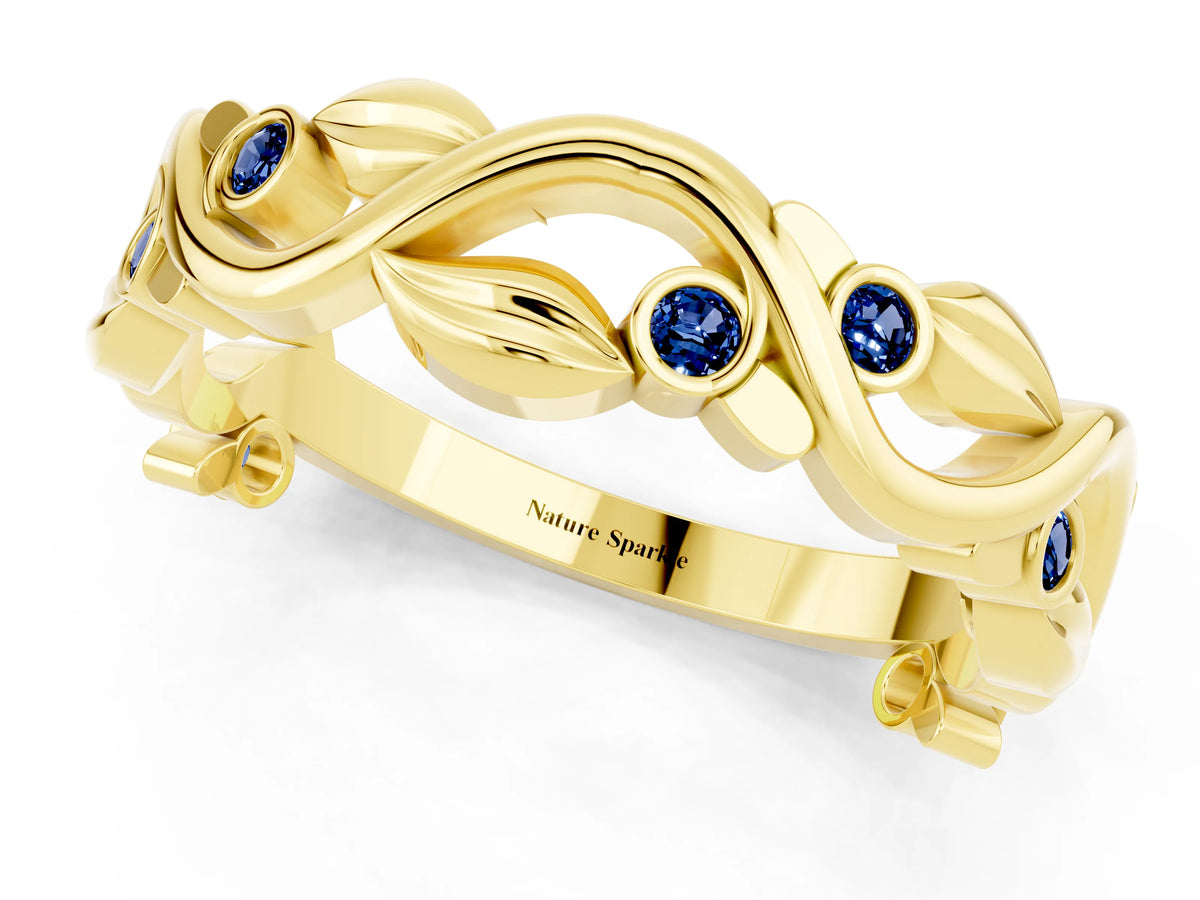 Round Blue Sapphire Leaf Motif Eternity Band in Yellow gold with Bezel Setting_1
