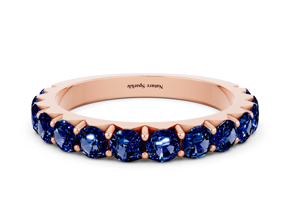 Round Blue Sapphire Polished Half Eternity Band in Rose gold with Classic Prong Setting