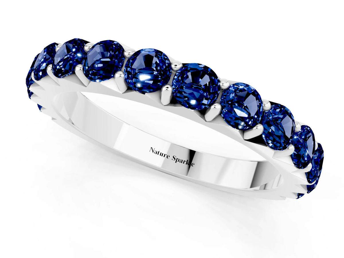 Round Blue Sapphire Polished Half Eternity Band in White gold with Classic Prong Setting_1