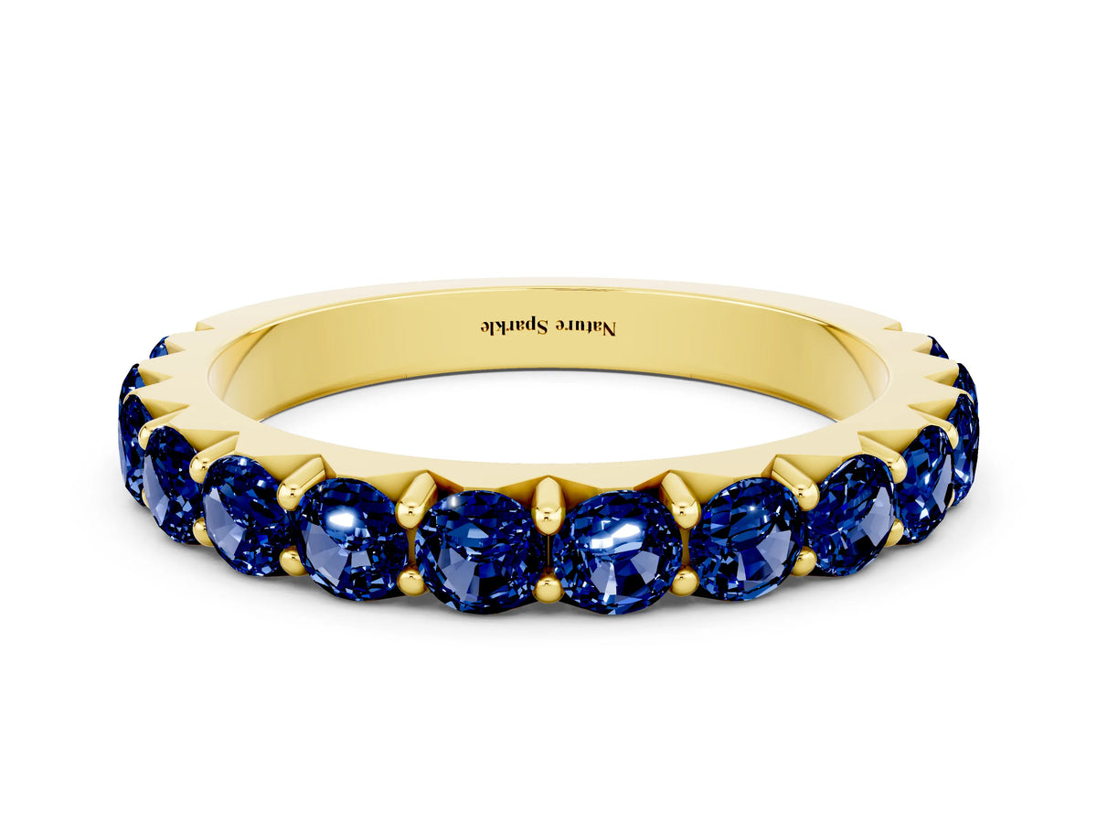 Round Blue Sapphire Polished Half Eternity Band in Yellow gold with Classic Prong Setting