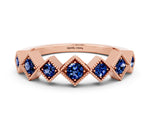 Round Blue Sapphire Square Bezel Chevron Band in Rose gold with Milgrain Detailing