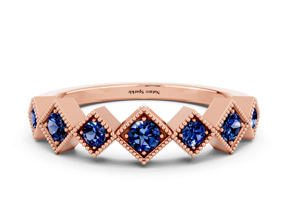 Round Blue Sapphire Square Bezel Chevron Band in Rose gold with Milgrain Detailing