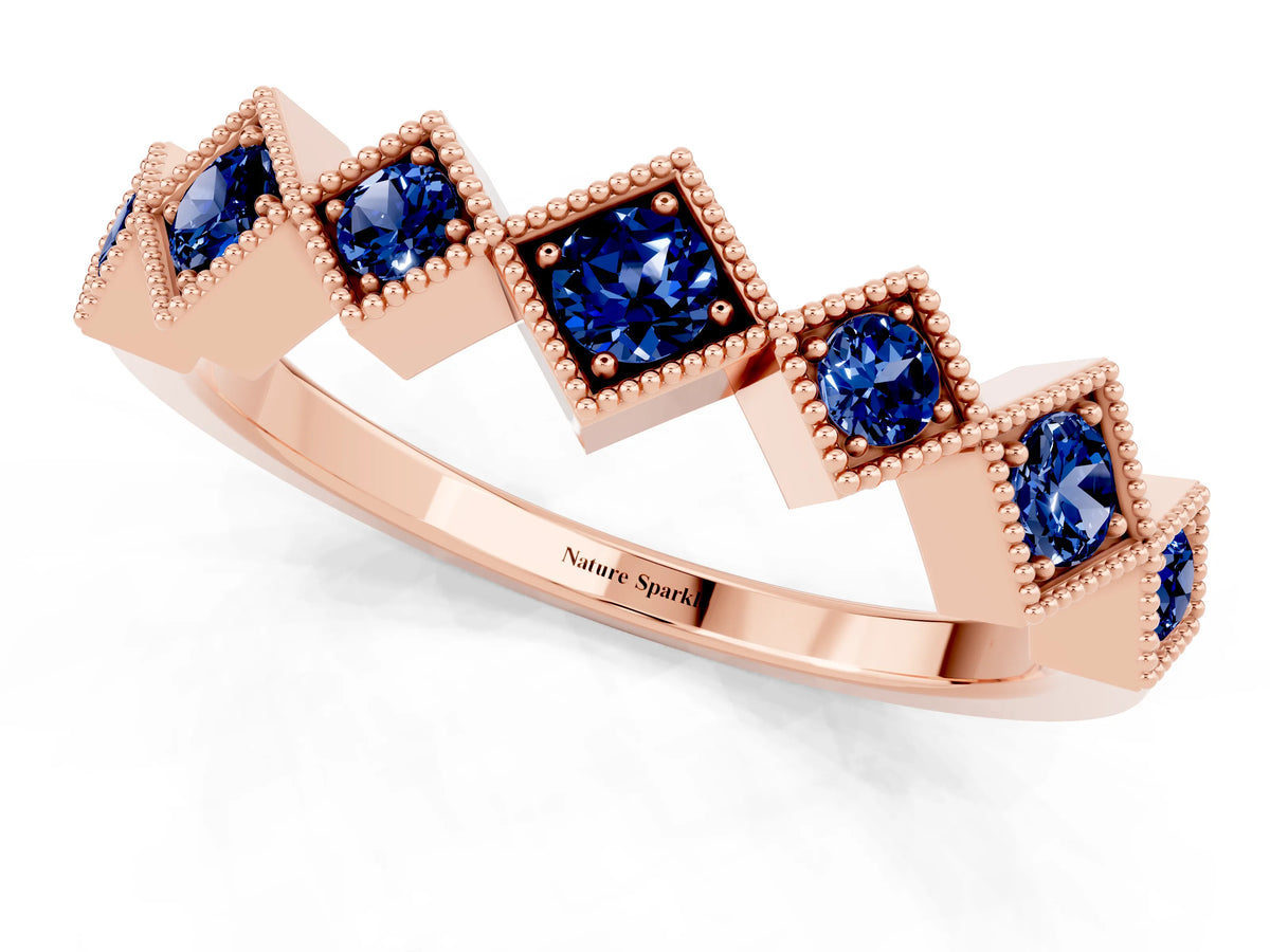 Round Blue Sapphire Square Bezel Chevron Band in Rose gold with Milgrain Detailing_1