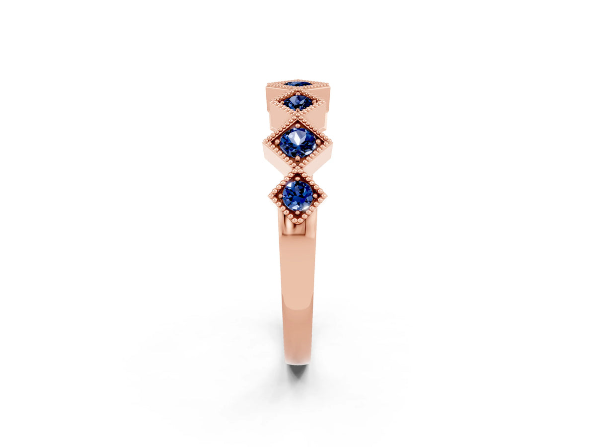 Round Blue Sapphire Square Bezel Chevron Band in Rose gold with Milgrain Detailing_2