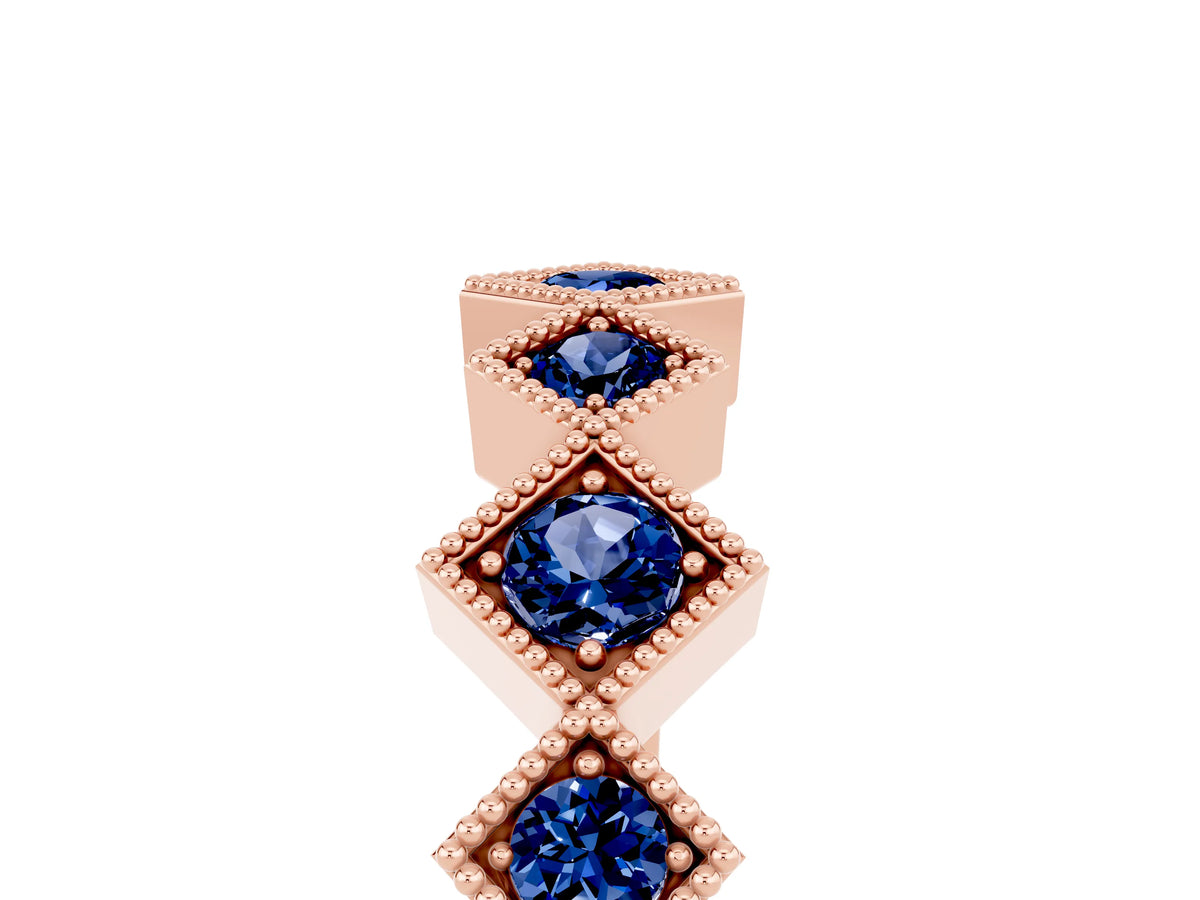 Round Blue Sapphire Square Bezel Chevron Band in Rose gold with Milgrain Detailing_5