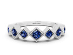 Round Blue Sapphire Square Bezel Chevron Band in White gold with Milgrain Detailing