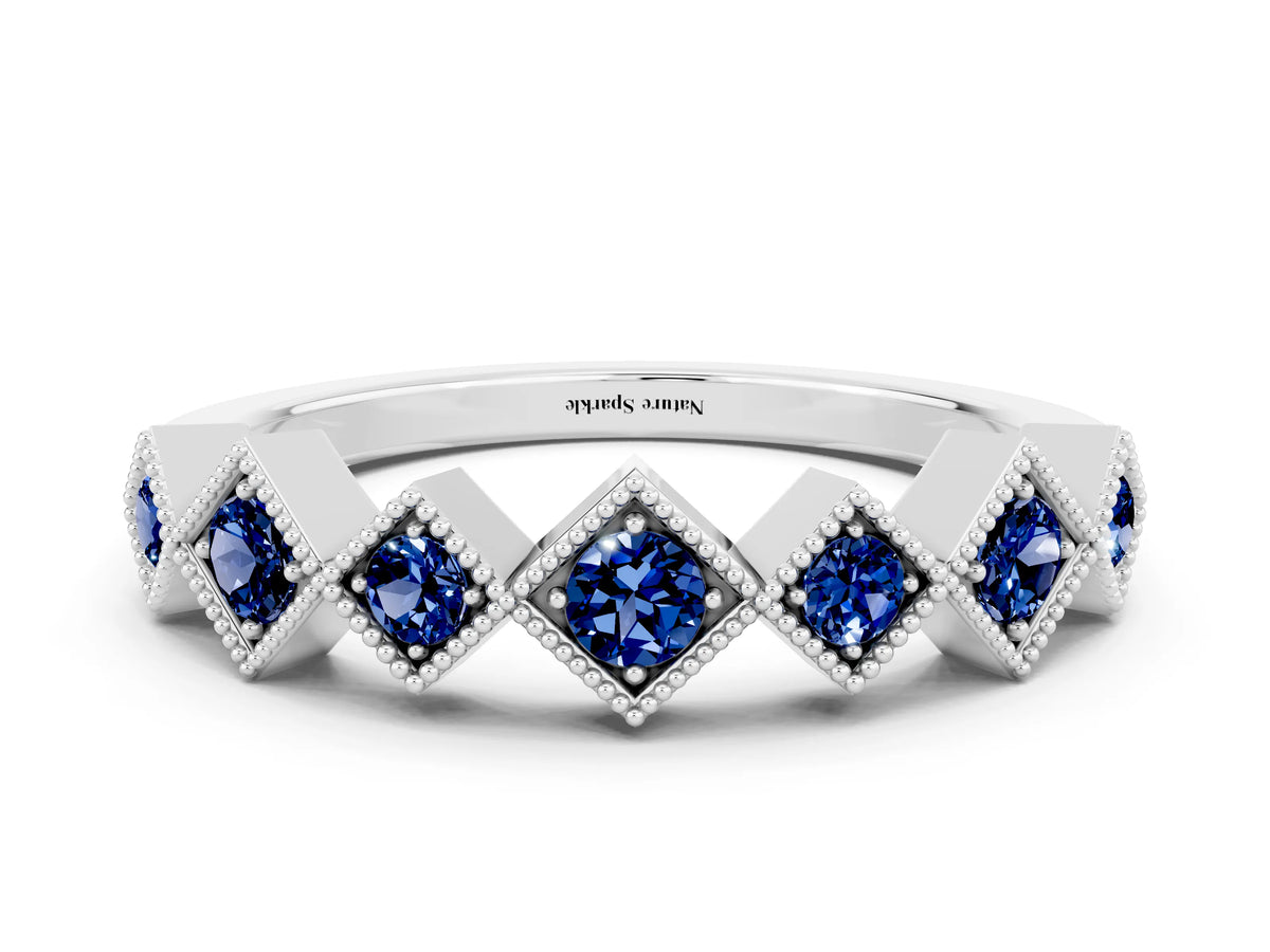 Round Blue Sapphire Square Bezel Chevron Band in White gold with Milgrain Detailing