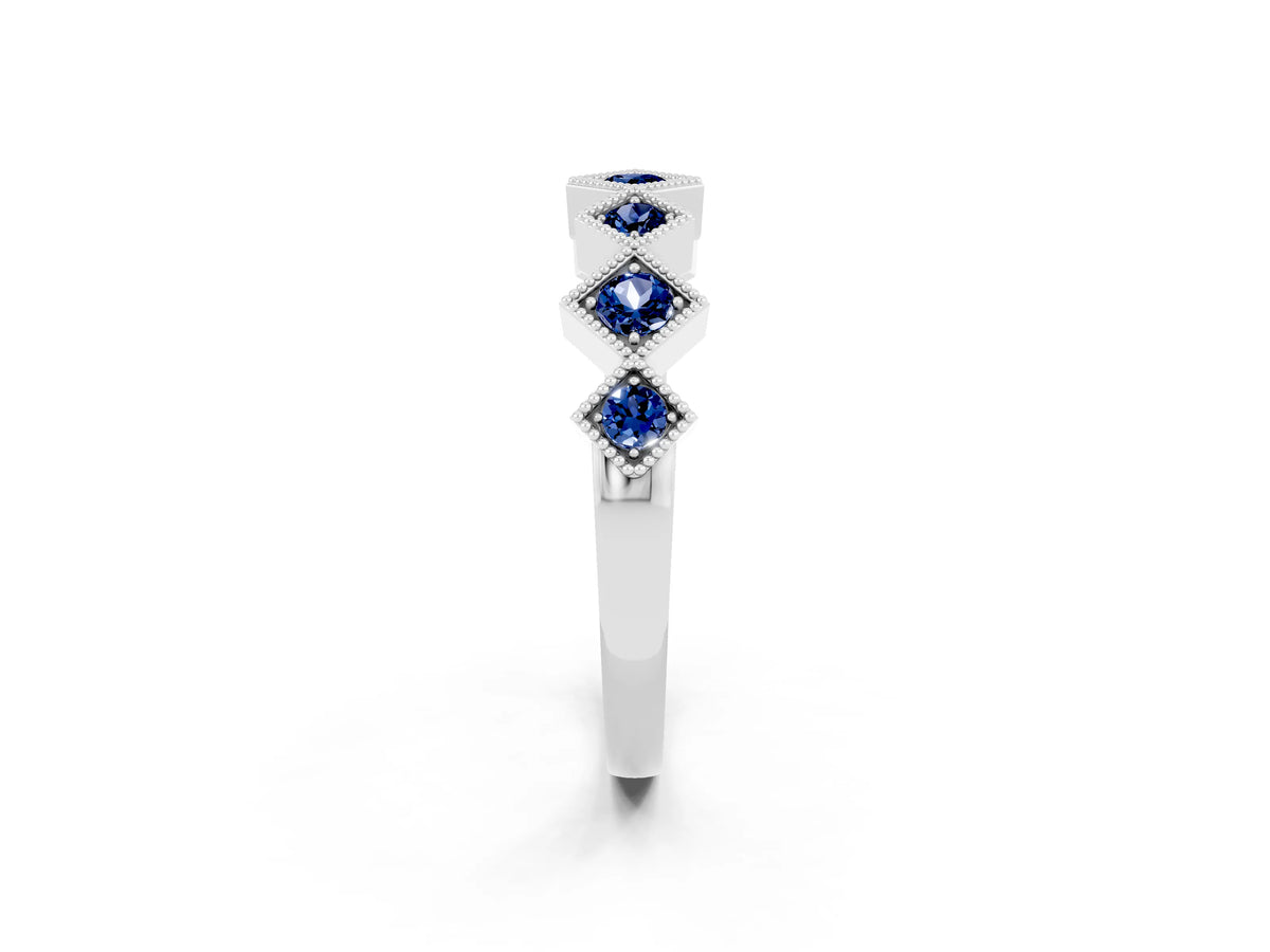 Round Blue Sapphire Square Bezel Chevron Band in White gold with Milgrain Detailing_2