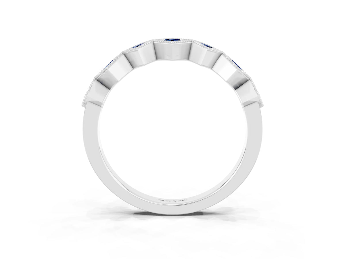 Round Blue Sapphire Square Bezel Chevron Band in White gold with Milgrain Detailing_3