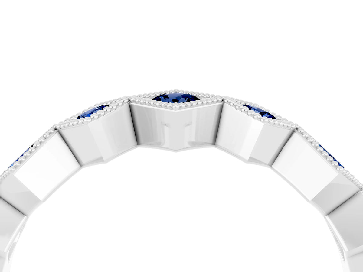 Round Blue Sapphire Square Bezel Chevron Band in White gold with Milgrain Detailing_4