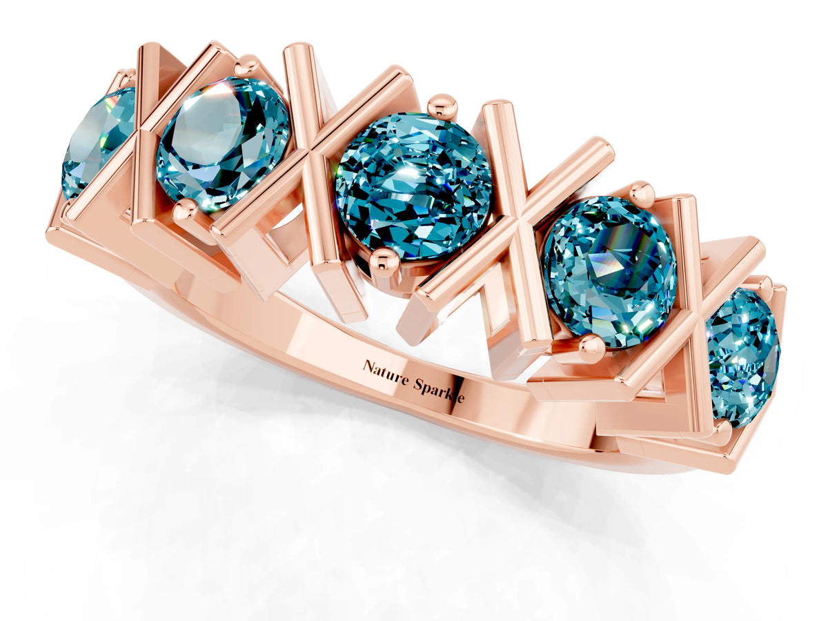 Round Blue Topaz Channel Set Band in Rose gold with X-Prong Detail_1