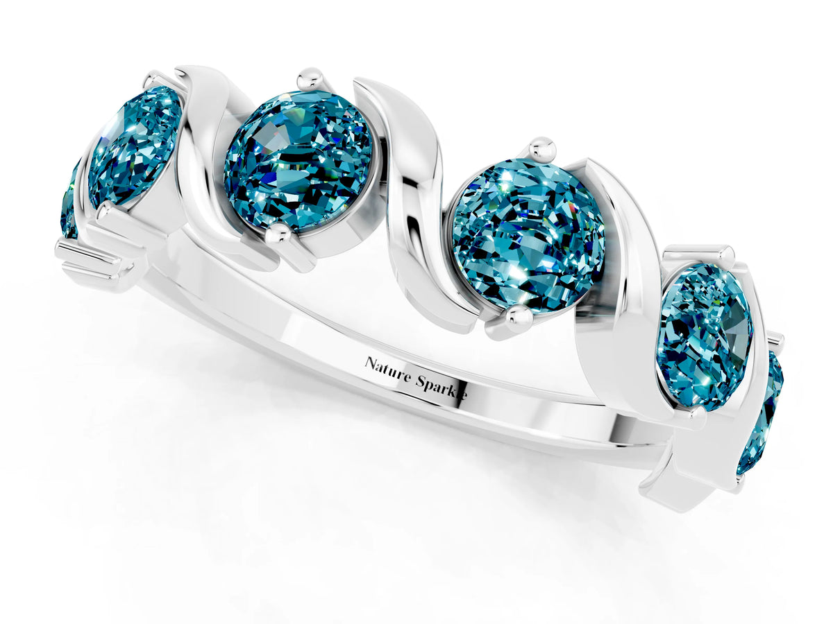 Round Blue Topaz Half Eternity Band in Platinum with Wave Prong Setting_1