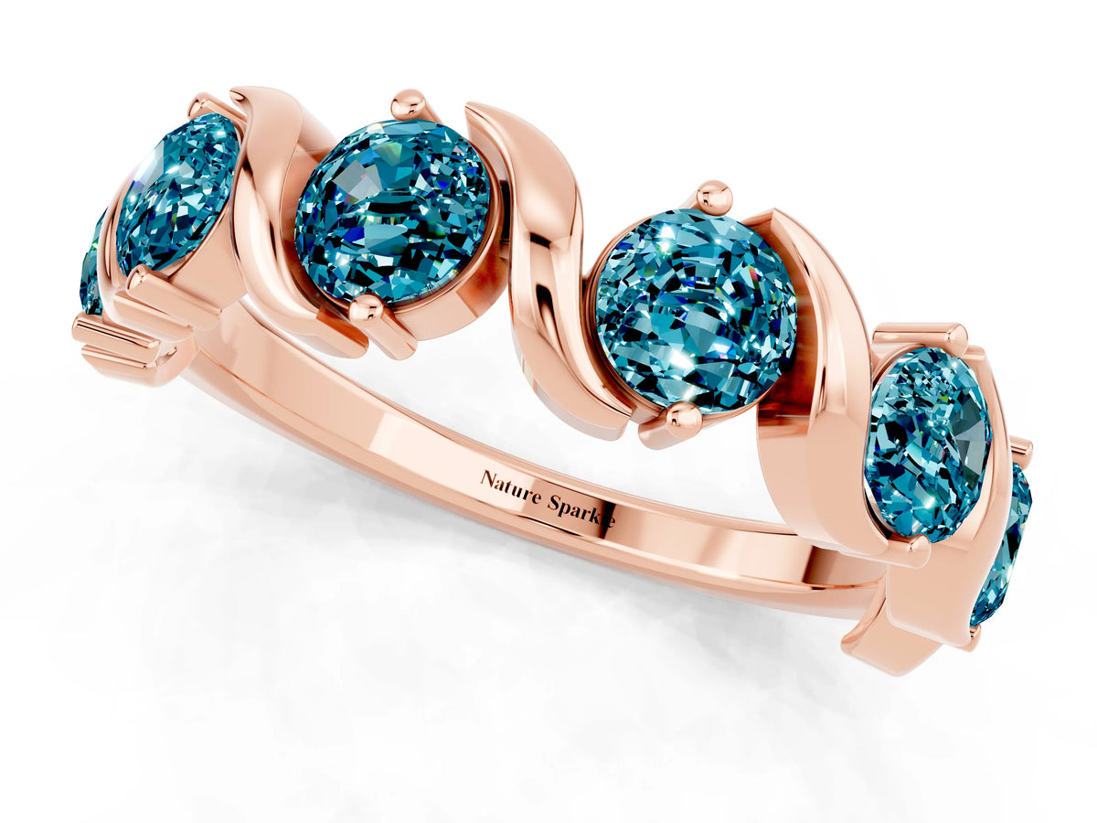 Round Blue Topaz Half Eternity Band in Rose gold with Wave Prong Setting_1