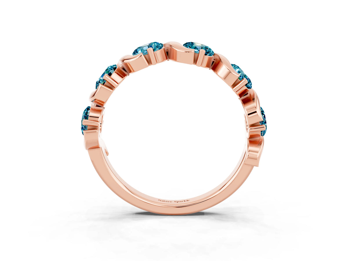 Round Blue Topaz Half Eternity Band in Rose gold with Wave Prong Setting_3