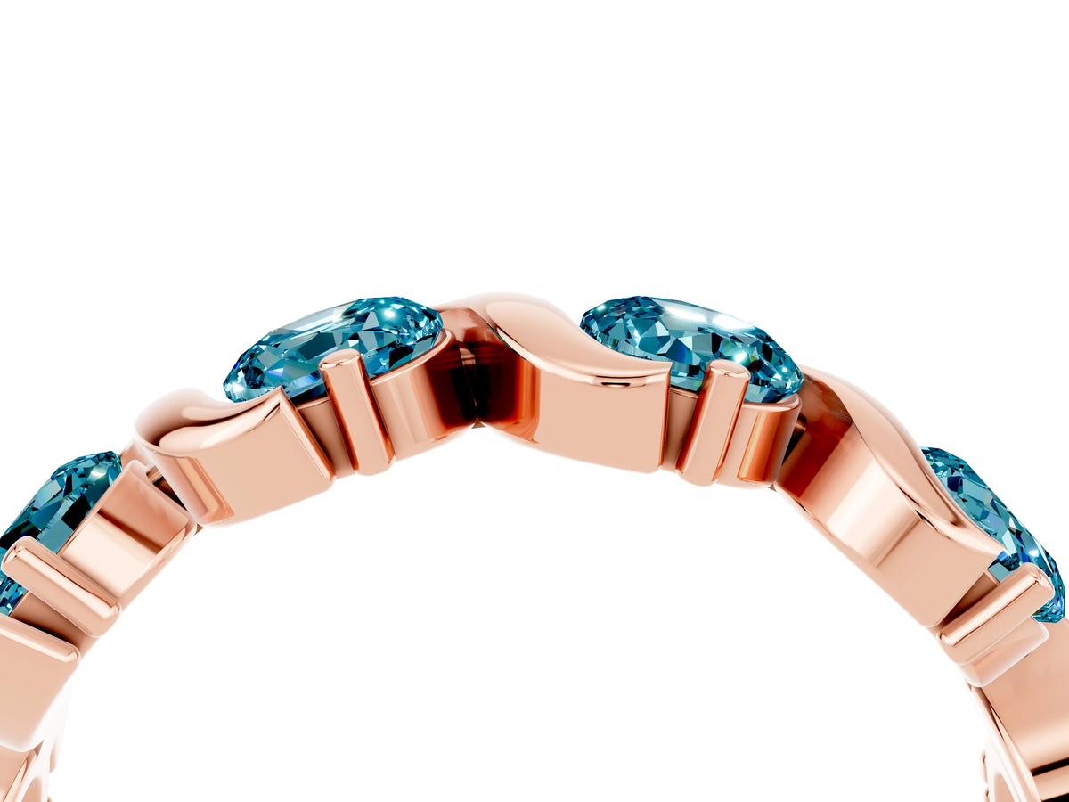 Round Blue Topaz Half Eternity Band in Rose gold with Wave Prong Setting_4