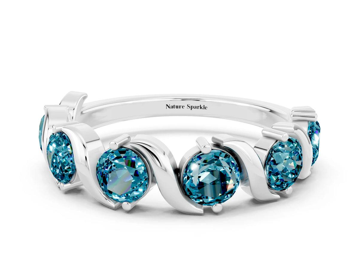 Round Blue Topaz Half Eternity Band in White gold with Wave Prong Setting