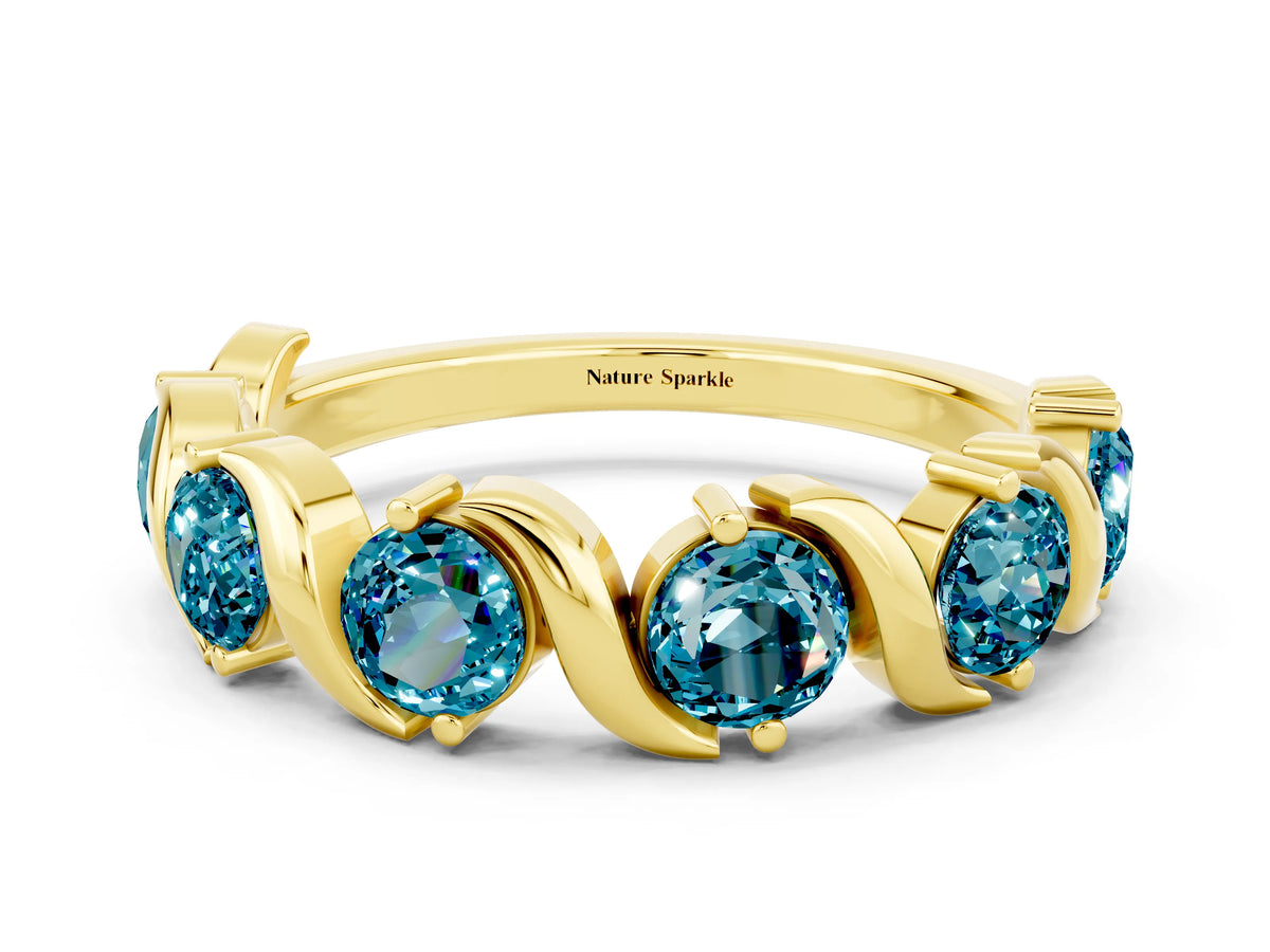 Round Blue Topaz Half Eternity Band in Yellow gold with Wave Prong Setting