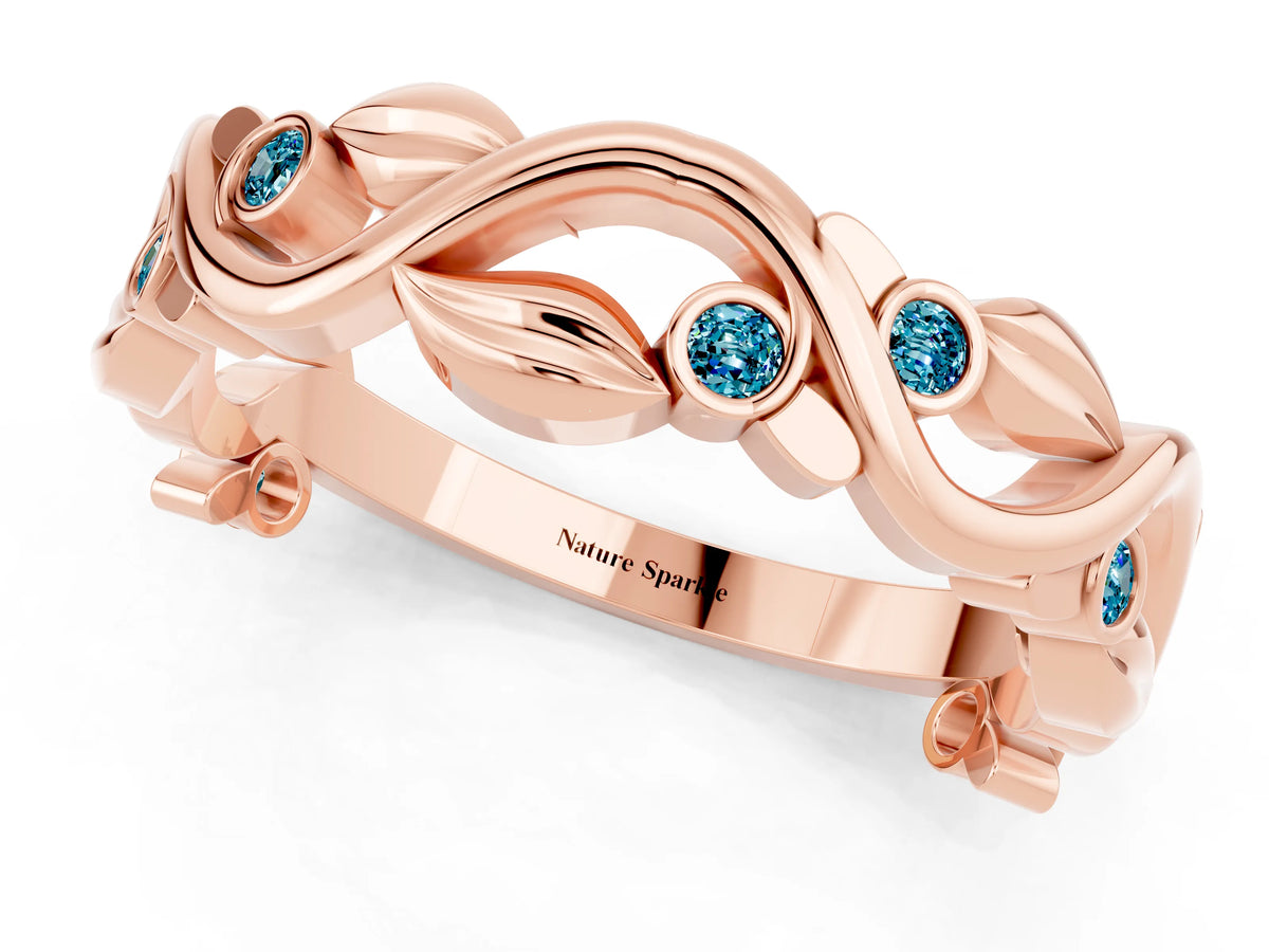 Round Blue Topaz Leaf Motif Eternity Band in Rose gold with Bezel Setting_1
