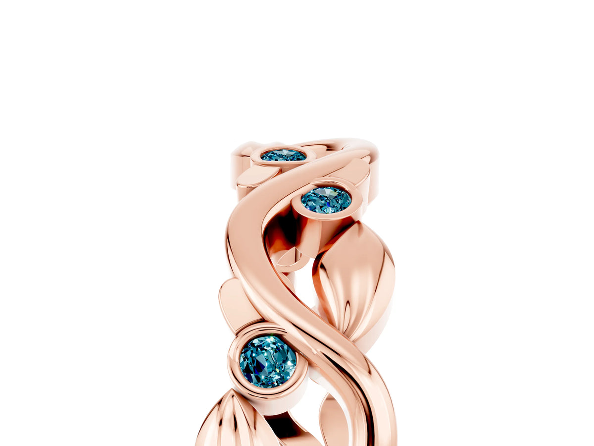 Round Blue Topaz Leaf Motif Eternity Band in Rose gold with Bezel Setting_5