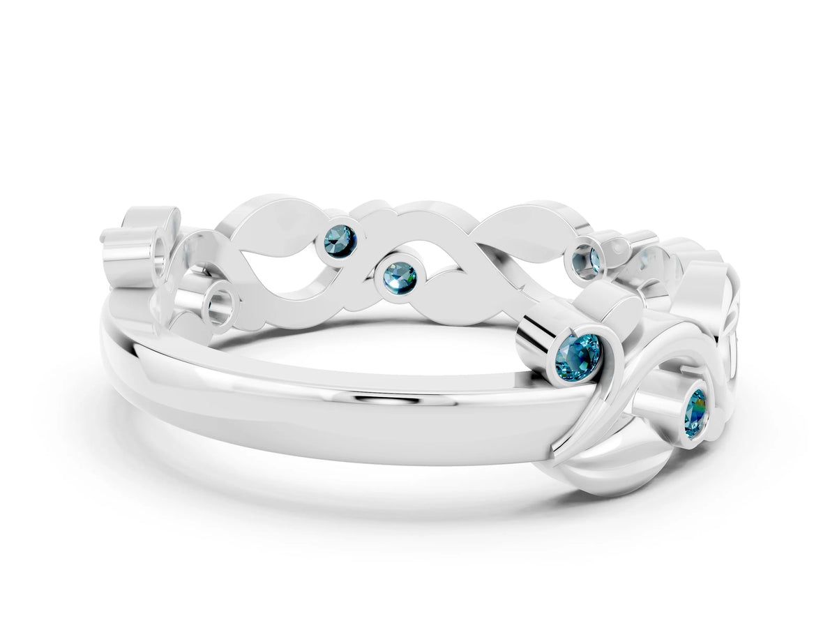 Round Blue Topaz Leaf Motif Eternity Band in White gold with Bezel Setting