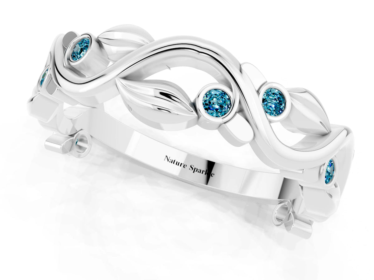 Round Blue Topaz Leaf Motif Eternity Band in White gold with Bezel Setting_1
